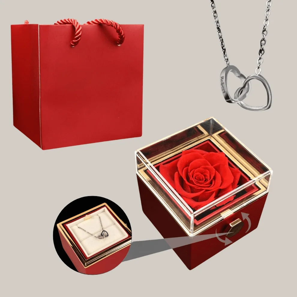 Colar com Nome Personalizado em Caixa com Rosa – Presente Feminino, colar prata, colar de coração, colar com nomes, colar com rosa, colar para presente, presente romântico, presente dia dos namorados - lojamillani