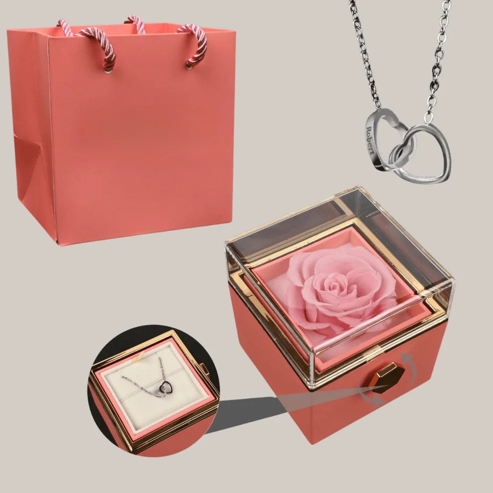 Colar com Nome Personalizado em Caixa com Rosa – Presente Feminino, colar prata, colar de coração, colar com nomes, colar com rosa, colar para presente, presente romântico, presente dia dos namorados - lojamillani