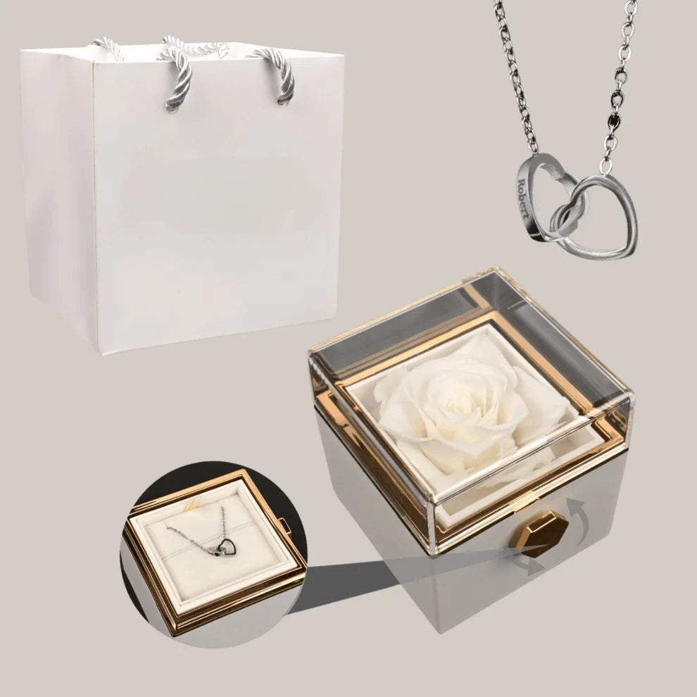 Colar com Nome Personalizado em Caixa com Rosa – Presente Feminino, colar prata, colar de coração, colar com nomes, colar com rosa, colar para presente, presente romântico, presente dia dos namorados - lojamillani