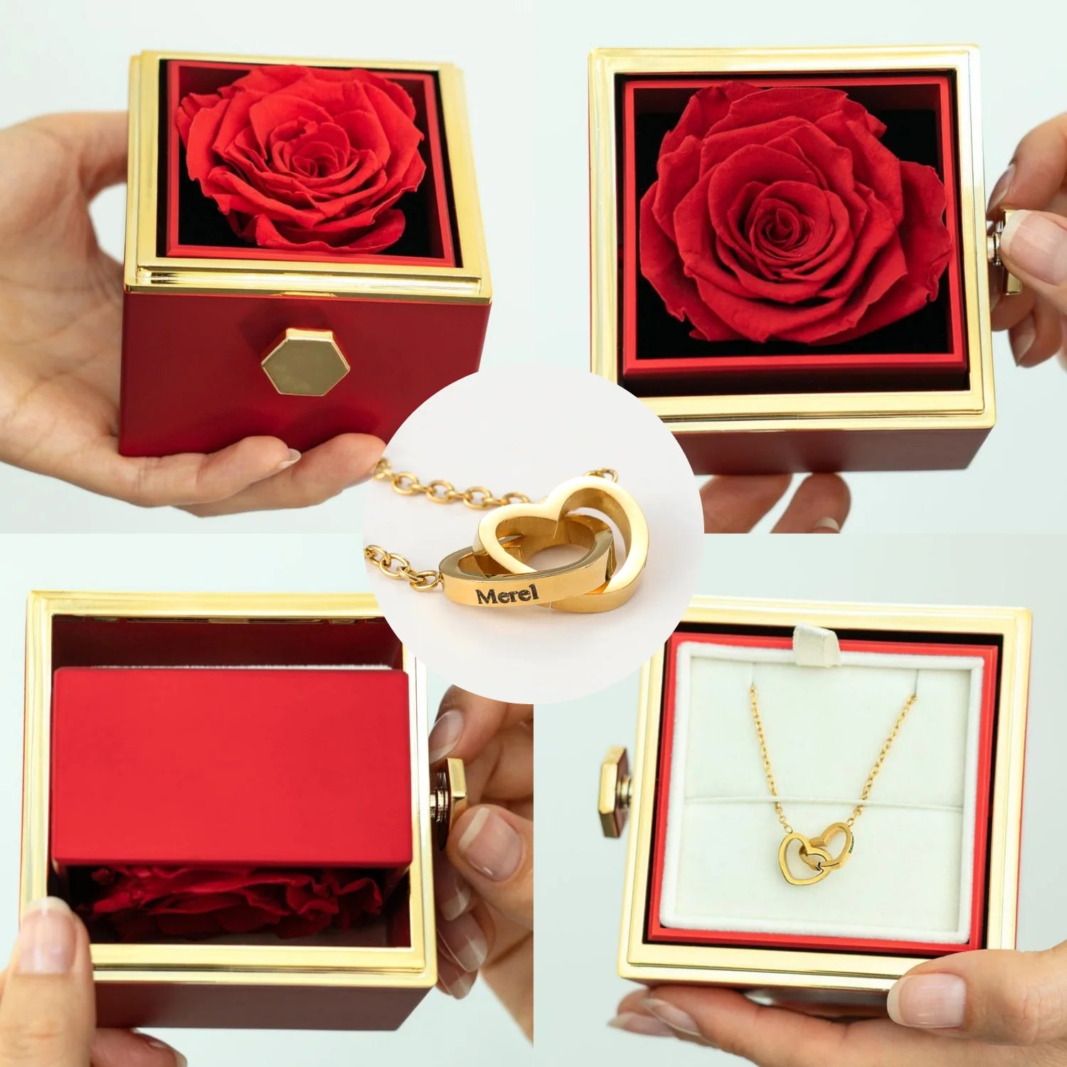 Colar com Nome Personalizado em Caixa com Rosa – Presente Feminino, colar dourado, colar de coração, colar com nomes, colar com rosa, colar para presente, presente romântico, presente dia dos namorados - lojamillani