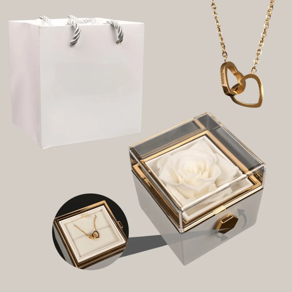 Colar com Nome Personalizado em Caixa com Rosa – Presente Feminino, colar dourado, colar de coração, colar com nomes, colar com rosa, colar para presente, presente romântico, presente dia dos namorados - lojamillani