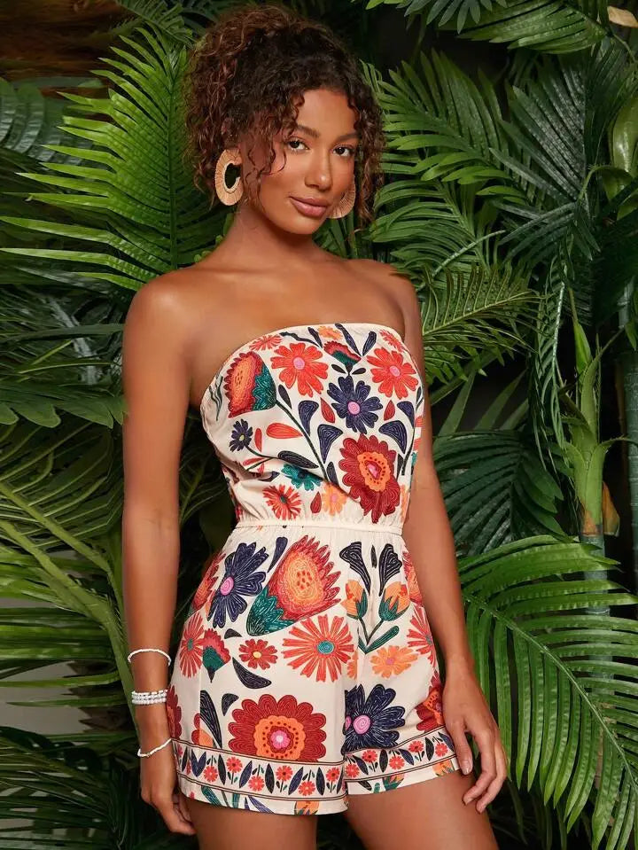 Macaquinho Feminino Curto Florido Rosalie, macaquinho florido, macaquinho curto, macaquinho tomara que caia, macaquinho floral - lojamillani