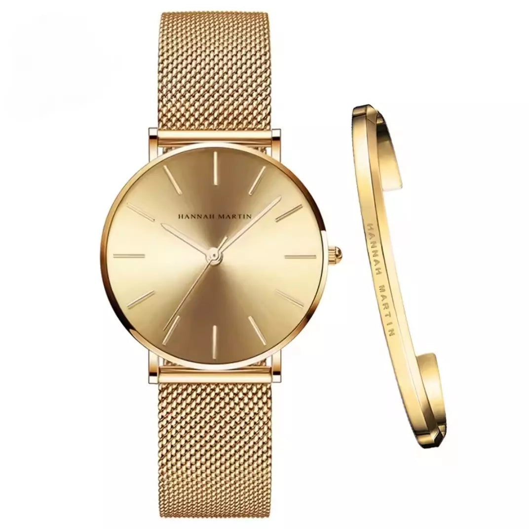 Relógio Feminino com Bracelete Hannah Martin, Relógio Dourado, Relógio Feminino Dourado, Relógio com Pulseira Dourada, Relógio Mais Pulseira, Relógio Minimalista, Relógio a Prova D'água, Relógio Resistente - lojamillani