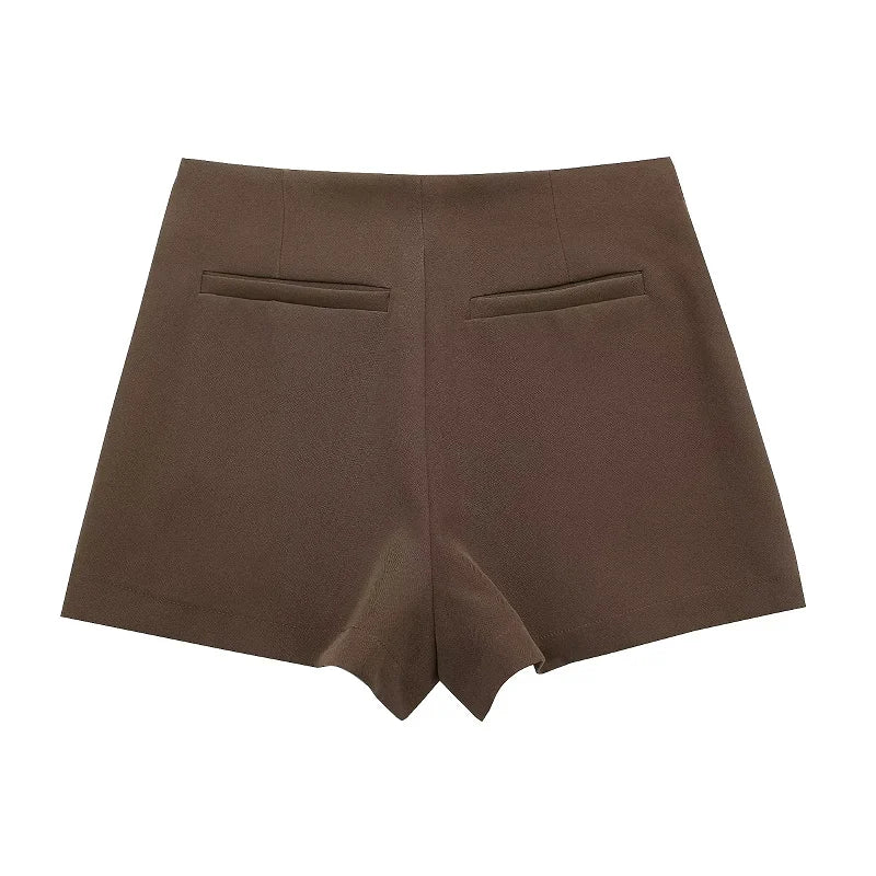 Short Saia Curto Feminino Alfaiataria Summer, short saia marrom, shorts saia envelope, short saia transpassado, short saia curto, short saia alfaiataria - lojamillani