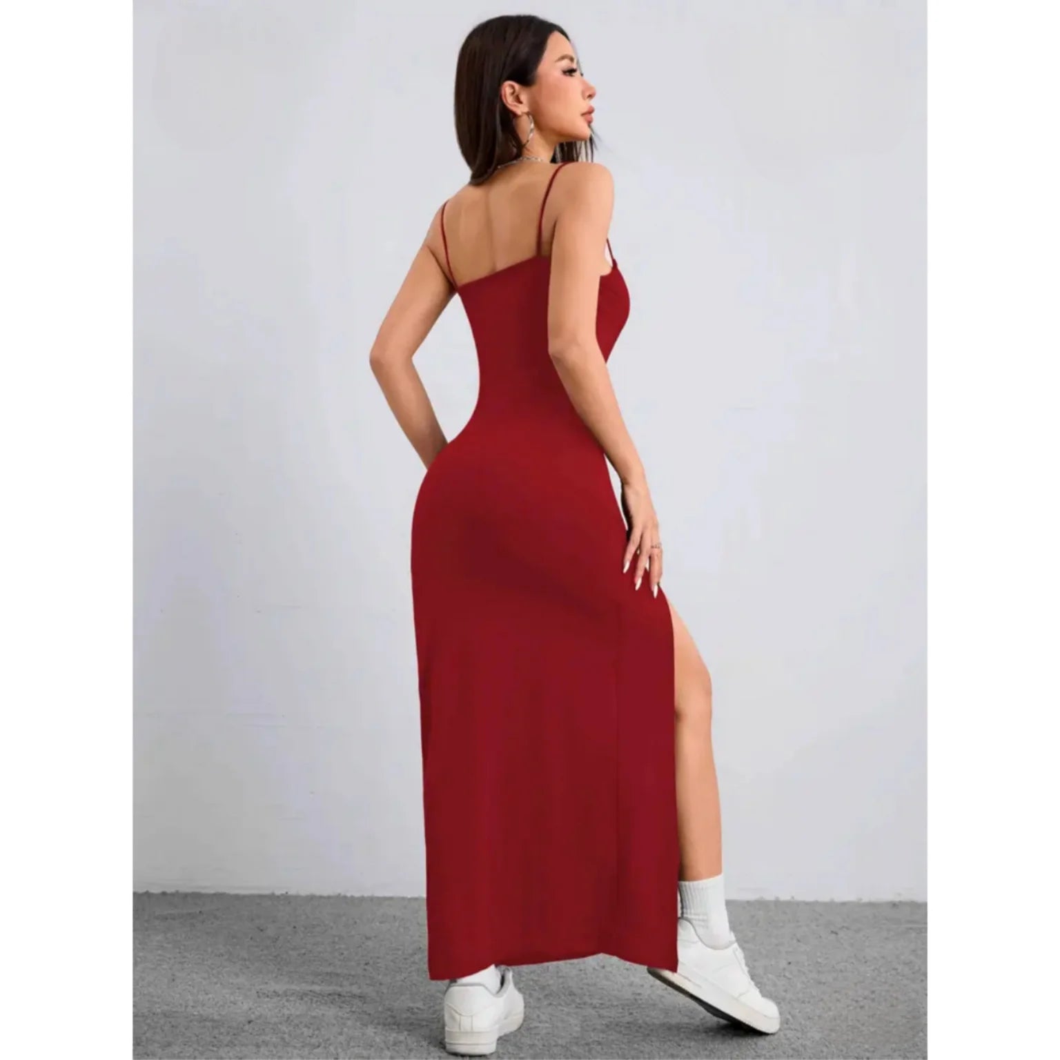 Vestido Feminino Elegante Longo com Fenda Scarlatt, vestido vermelho, vestido com fenda lateral, vestido justo, vestido canelado, vestido longo elegante - lojamillani