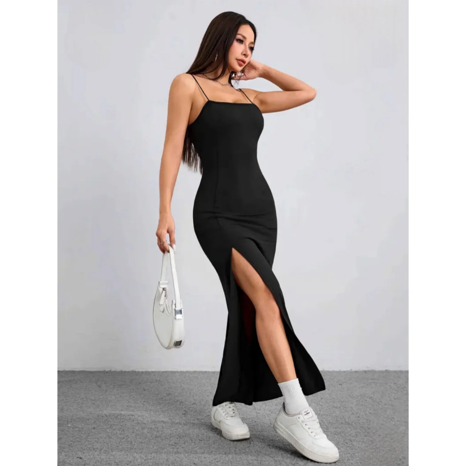 Vestido Feminino Elegante Longo com Fenda Scarlatt, vestido preto, vestido com fenda lateral, vestido justo, vestido canelado, vestido longo elegante - lojamillani