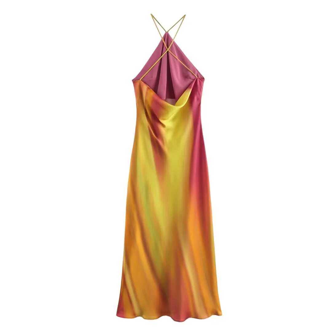 Vestido Feminino Vibrante com Alças Cruzadas Tropicália, vestido decote triangular, vestido com alças cruzadas, vestido boho, vestido de alças finas, vestido de verão - lojamillani
