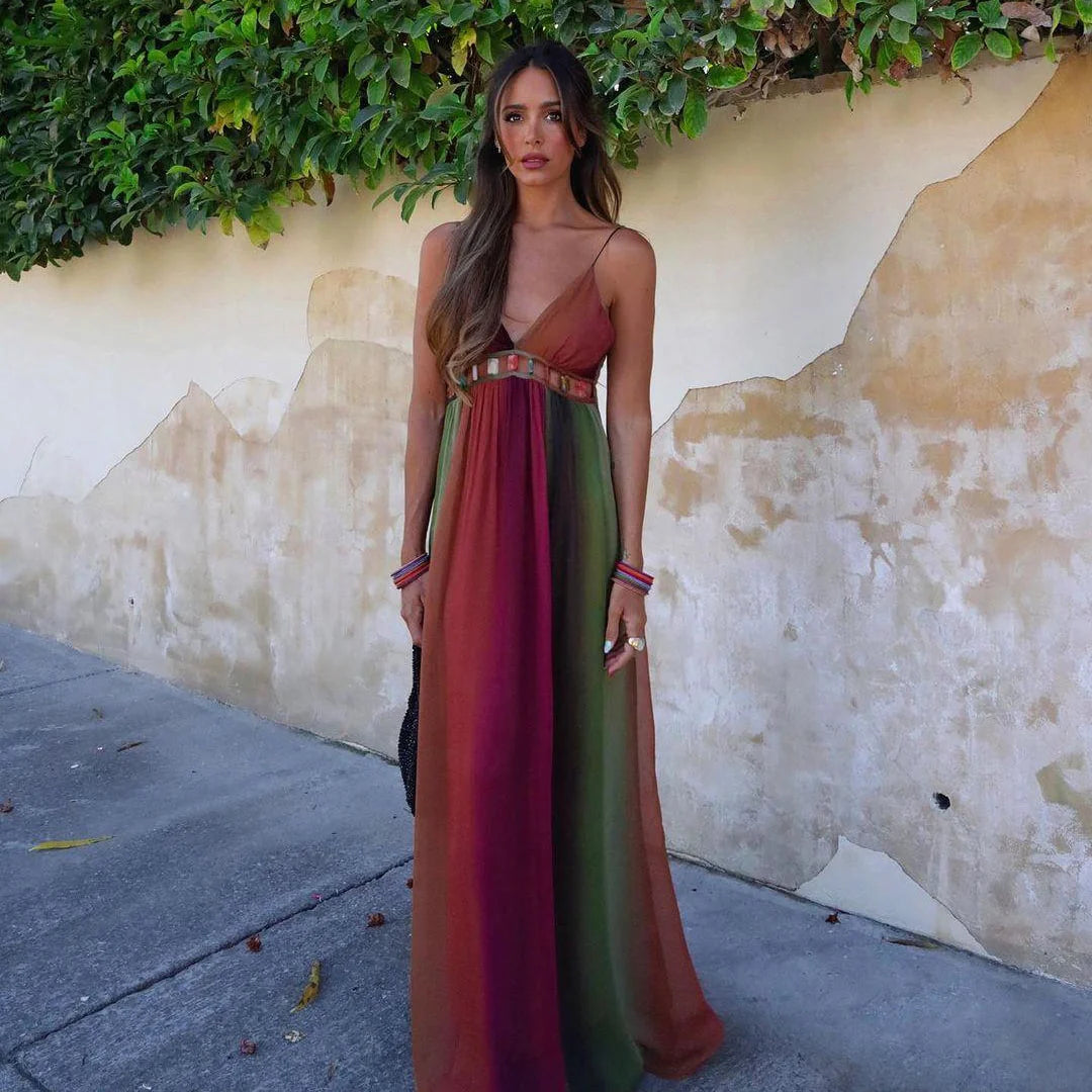 Vestido Feminino Longo Degradê de Alcinha Aura, vestido degradê, vestido de alcinha, vestido evasê, vestido longo degradê, vestido decote em V - lojamillani