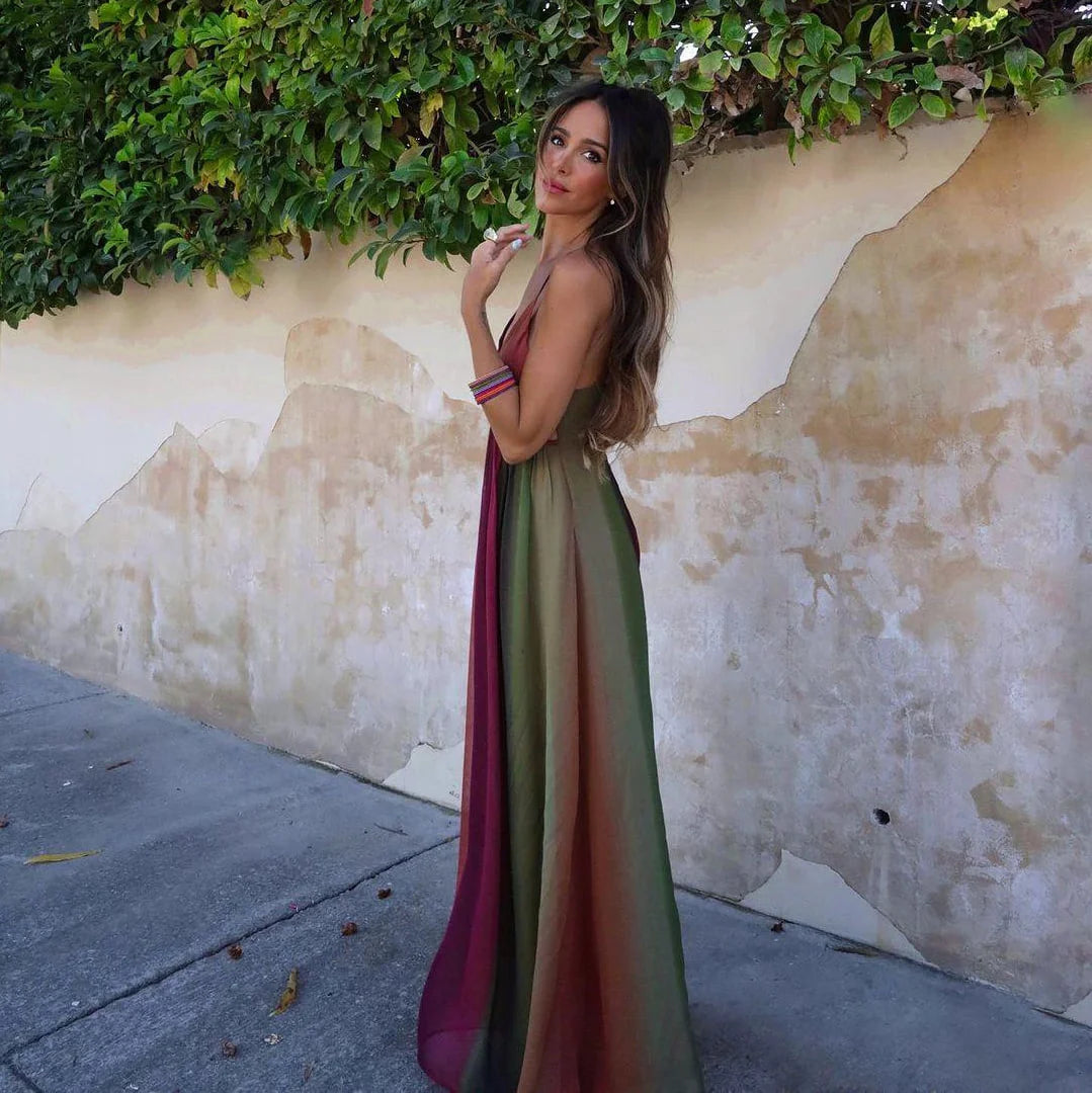 Vestido Feminino Longo Degradê de Alcinha Aura, vestido degradê, vestido de alcinha, vestido evasê, vestido longo degradê, vestido decote em V - lojamillani