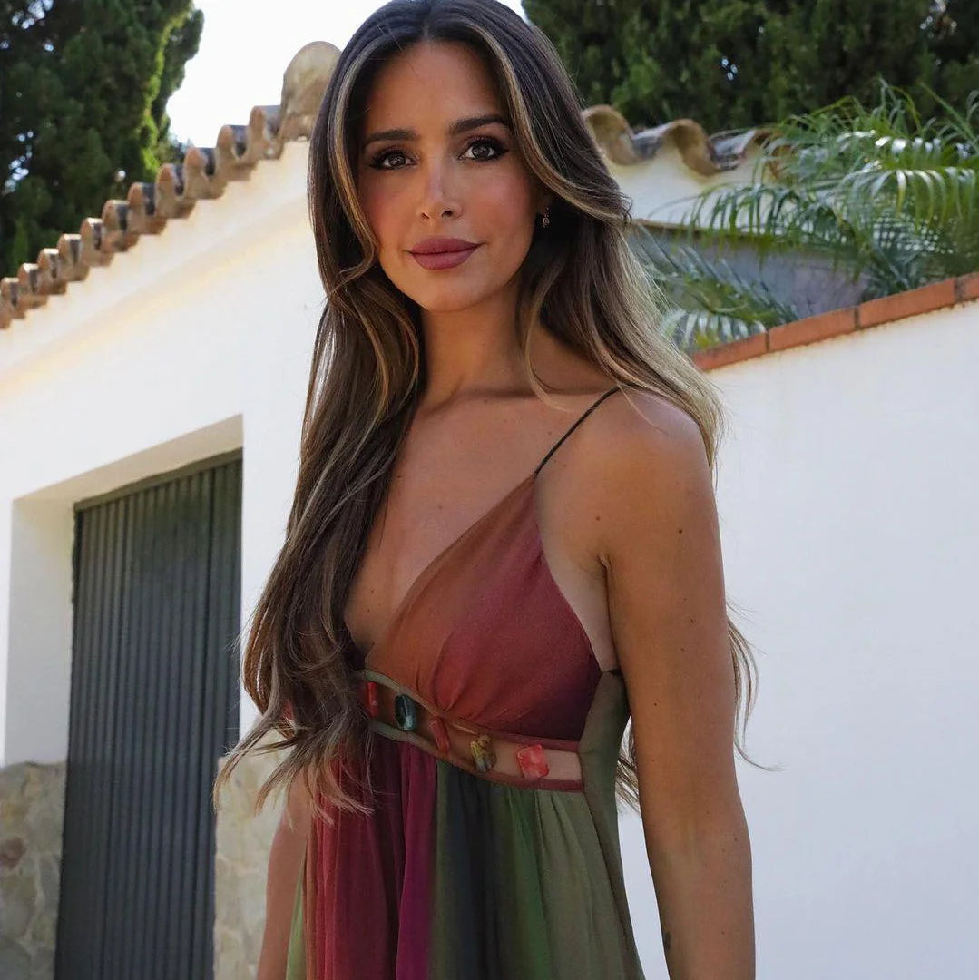 Vestido Feminino Longo Degradê de Alcinha Aura, vestido degradê, vestido de alcinha, vestido evasê, vestido longo degradê, vestido decote em V - lojamillani