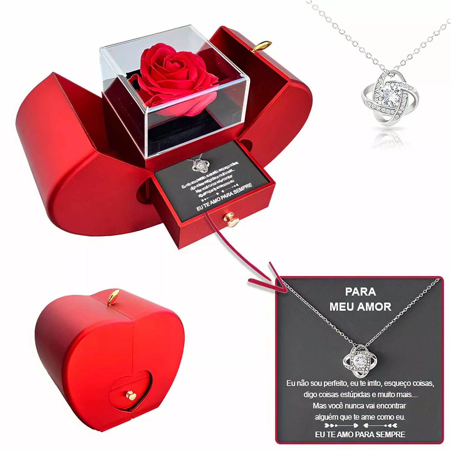 Colar Personalizado Amor Eterno Com Rosa Real e Mensagem Especial, Colar Prata, Colar de Dia dos Namorados, Colar com Caixa de Presente, Colar com Mensagem, Colar com Rosa, Presente dia dos namorados - lojamillani