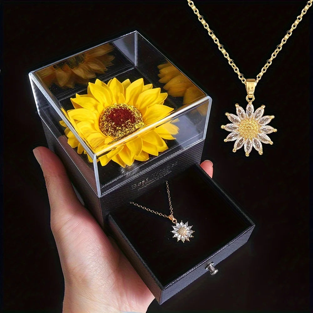Colar de Girassol Feminino com Caixa Exclusiva e Flor Especial, colar dourado, colar girassol, colar para presente, colar com caixa especial, colar girassol com flor, pingente de girassol, colar girassol para presente - lojamillani