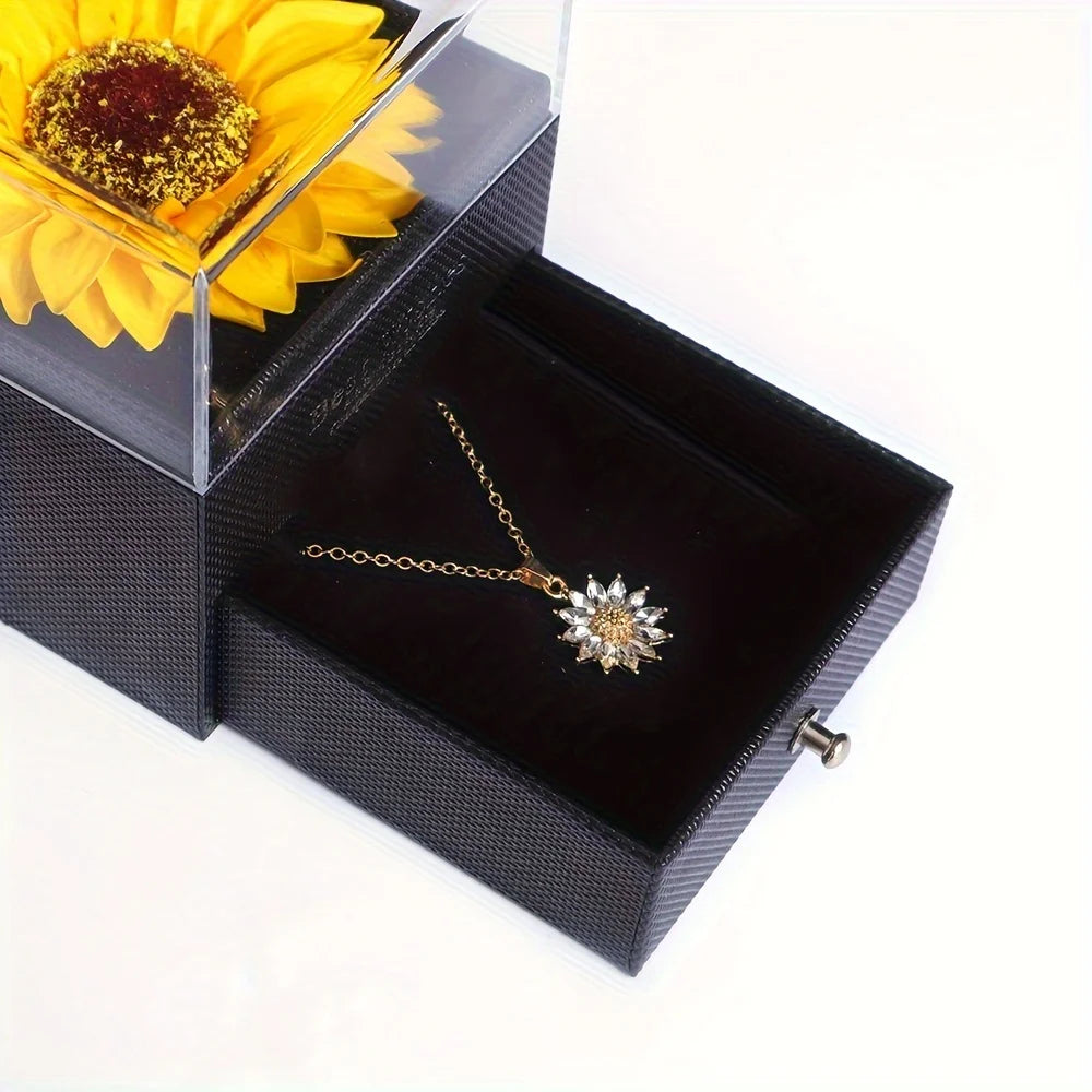 Colar de Girassol Feminino com Caixa Exclusiva e Flor Especial, colar dourado, colar girassol, colar para presente, colar com caixa especial, colar girassol com flor, pingente de girassol, colar girassol para presente - lojamillani