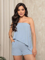 Conjunto Feminino Short e Blusa Kiara, conjunto feminino azul claro, conjunto feminino verão, conjunto blusa e short, conjunto camisa e short feminino - lojamillani