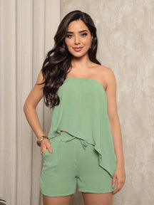 Conjunto Feminino Short e Blusa Kiara, conjunto feminino verde, conjunto feminino verão, conjunto blusa e short, conjunto camisa e short feminino - lojamillani