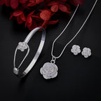 Conjunto Feminino de Prata 925 Rosa Eterna, conjunto prata 925, colar prata 925, pulseira prata 925, brinco prata 925, conjunto feminino prata 925, acessórios de prata - lojamillani