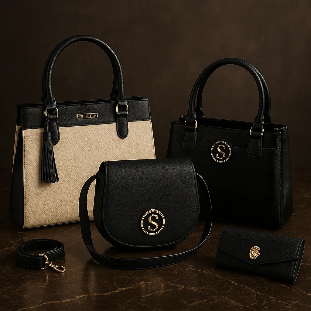 Kit de Bolsas Femininas Elegantes Santorini, bolsa preta, kit bolsas, bolsa transversal, bolsa de ombro, bolsa de mão, bolsa com alça removível, bolsa elegente, bolsa santorini - lojamillani