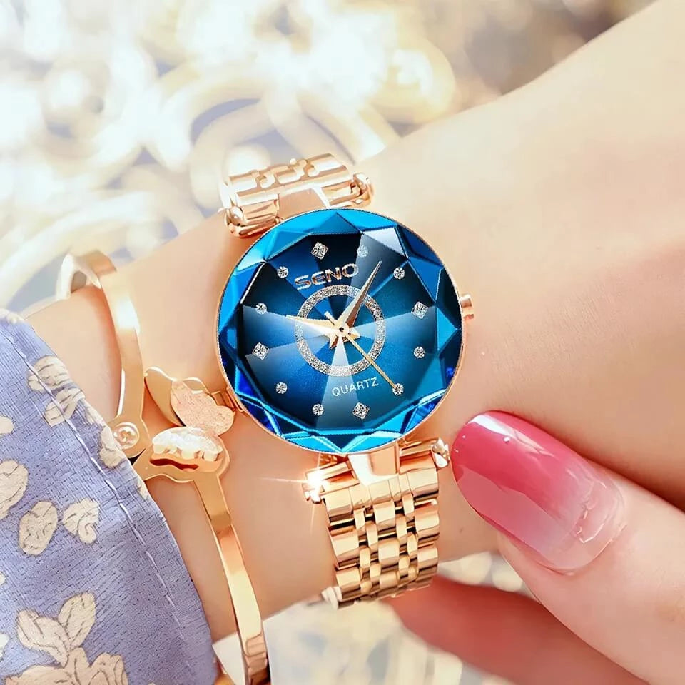 Relógio Feminino Azul Redondo Crystal Luxe, Relógio Dourado, Relógio Azul, Relógio Redondo, Relógio em Forma de Cristal, Relógio Geométrico - lojamillani