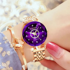 Relógio Feminino Roxo Redondo Crystal Luxe, Relógio Dourado, Relógio Roxo, Relógio Redondo, Relógio em Forma de Cristal, Relógio Geométrico - lojamillani