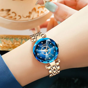 Relógio Feminino Azul Redondo Crystal Luxe, Relógio Dourado, Relógio Azul, Relógio Redondo, Relógio em Forma de Cristal, Relógio Geométrico - lojamillani