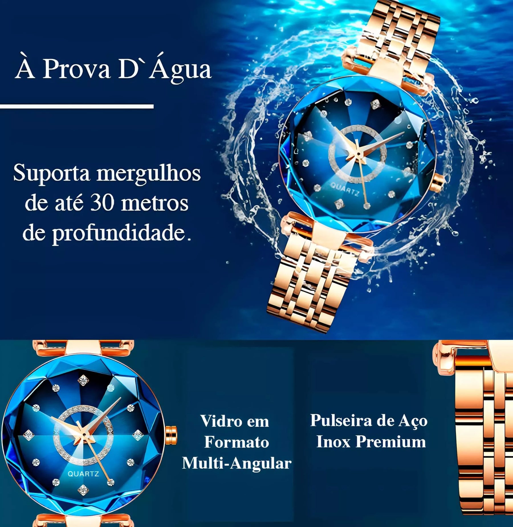 Relógio Feminino Azul Redondo Crystal Luxe, Relógio Dourado, Relógio Azul, Relógio Redondo, Relógio Feminino À Prova D'água, Relógio em Forma de Cristal, Relógio Geométrico - lojamillani