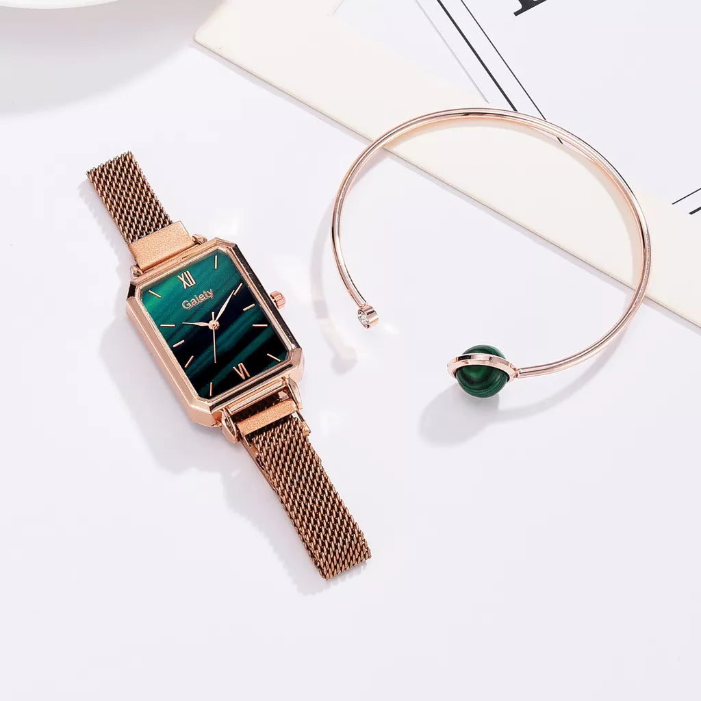 Relógio Feminino Quadrado com Bracelete de Malaquita Luxury Gaiety, Relógio Verde, Relógio Quadrado Verde, Relógio com Bracelete Verde, Relógio Gaiety, Relógio a Prova D'água, Relógio Minimalista - lojamillani