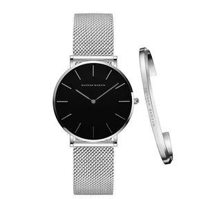 Relógio Feminino com Bracelete Hannah Martin, Relógio Preto, Relógio Prata, Relógio com Pulseira Prata, Relógio Mais Pulseira, Relógio Minimalista, Relógio a Prova D'água, Relógio Resistente - lojamillani