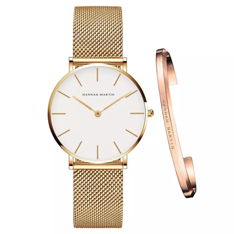 Relógio Feminino com Bracelete Hannah Martin, Relógio Branco, Relógio Dourado, Relógio com Pulseira Dourada, Relógio Mais Pulseira, Relógio Minimalista, Relógio a Prova D'água, Relógio Resistente - lojamillani