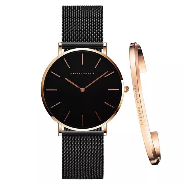 Relógio Feminino com Bracelete Hannah Martin, Relógio Preto, Relógio Feminino Preto, Relógio com Pulseira Preta, Relógio Mais Pulseira, Relógio Minimalista, Relógio a Prova D'água, Relógio Resistente - lojamillani