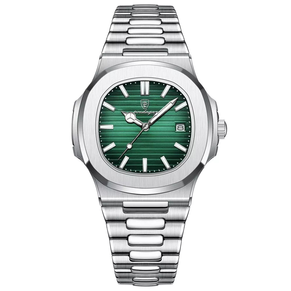 Relógio Masculino Quadrado de Luxo Salvatore, Relógio Masculino Verde, Relógio Quadrado, Relógio de Luxo, Relógio Resistente, Relógio a Prova D'água, Relógio com Pulseira Prata, Relógio Verde - lojamillani