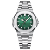 Relógio Masculino Quadrado de Luxo Salvatore, Relógio Masculino Verde, Relógio Quadrado, Relógio de Luxo, Relógio Resistente, Relógio a Prova D'água, Relógio com Pulseira Prata, Relógio Verde - lojamillani