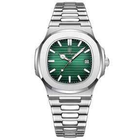 Relógio Masculino Quadrado de Luxo Salvatore, Relógio Masculino Verde, Relógio Quadrado, Relógio de Luxo, Relógio Resistente, Relógio a Prova D'água, Relógio com Pulseira Prata, Relógio Verde - lojamillani