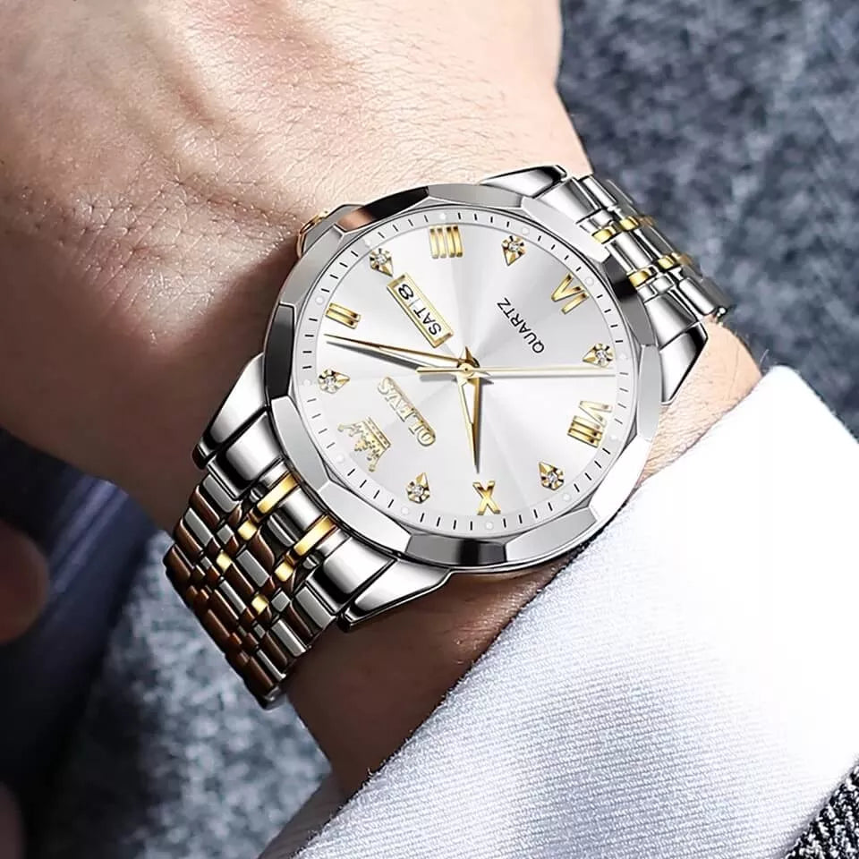 Relógio Masculino de Luxo Diamond, Relógio Masculino Prata, Relógio Masculino Branco, Relógio Masculino Pulseira Prata, Relógio Masculino a Prova D'água, Relógio Resistente, Relógio de Luxo - lojamillani