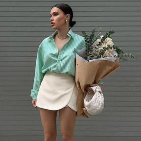 Short Saia Curto Feminino Alfaiataria Summer, short saia bege, shorts saia envelope, short saia transpassado, short saia curto, short saia alfaiataria - lojamillani