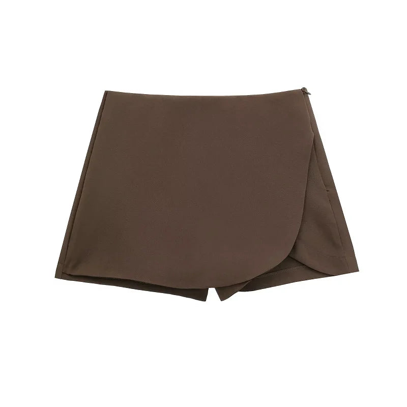 Short Saia Curto Feminino Alfaiataria Summer, short saia marrom, shorts saia envelope, short saia transpassado, short saia curto, short saia alfaiataria - lojamillani