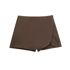 Short Saia Curto Feminino Alfaiataria Summer, short saia marrom, shorts saia envelope, short saia transpassado, short saia curto, short saia alfaiataria - lojamillani