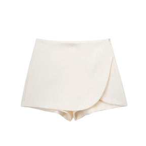 Short Saia Curto Feminino Alfaiataria Summer, short saia bege, shorts saia envelope, short saia transpassado, short saia curto, short saia alfaiataria - lojamillani