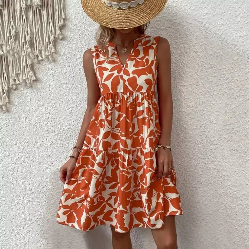 Vestido Curto Feminino Boho Beach Brisa, Vestido Laranja, Vestido Boho, Vestido sem Manga, Vestido Florido, Vestido com Flores, Vestido de Praia - lojamillani