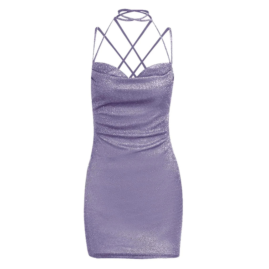 Vestido Feminino Curto de Lurex AfterGlow, vestido de lurex, vestido curto, vestido curto de alcinha, vestido de festa curto, vestido lilás curto, vestido lurex - lojamillani