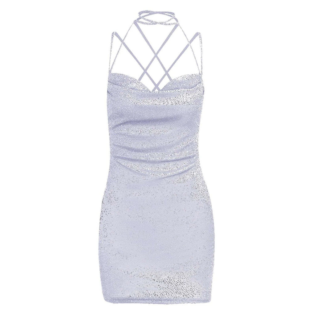 Vestido Feminino Curto de Lurex AfterGlow, vestido de lurex, vestido curto, vestido curto de alcinha, vestido de festa curto, vestido prata curto, vestido lurex - lojamillani
