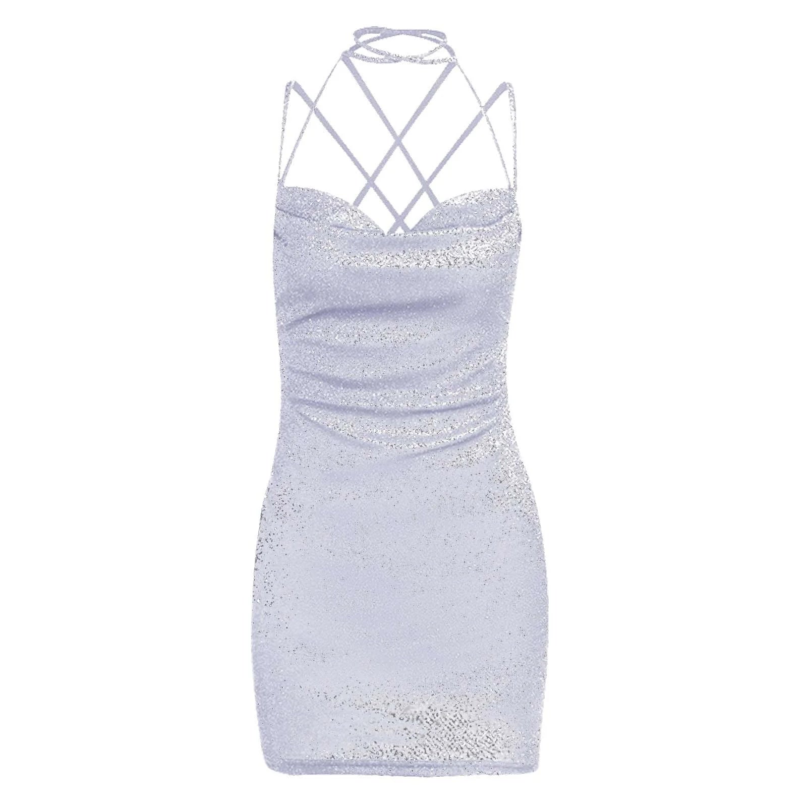 Vestido Feminino Curto de Lurex AfterGlow, vestido de lurex, vestido curto, vestido curto de alcinha, vestido de festa curto, vestido prata curto, vestido lurex - lojamillani