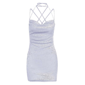 Vestido Feminino Curto de Lurex AfterGlow, vestido de lurex, vestido curto, vestido curto de alcinha, vestido de festa curto, vestido prata curto, vestido lurex - lojamillani
