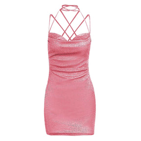Vestido Feminino Curto de Lurex AfterGlow, vestido de lurex, vestido curto, vestido curto de alcinha, vestido de festa curto, vestido rosa curto, vestido lurex - lojamillani