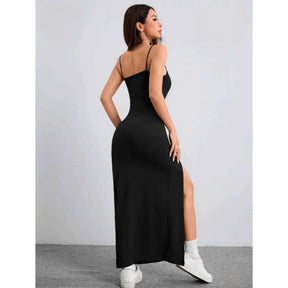 Vestido Feminino Elegante Longo com Fenda Scarlatt, vestido preto, vestido com fenda lateral, vestido justo, vestido canelado, vestido longo elegante - lojamillani