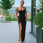 Vestido Feminino Elegante Longo com Fenda Scarlatt, vestido preto, vestido com fenda lateral, vestido justo, vestido canelado, vestido longo elegante - lojamillani