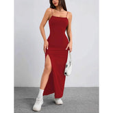 Vestido Feminino Elegante Longo com Fenda Scarlatt, vestido vermelho, vestido com fenda lateral, vestido justo, vestido canelado, vestido longo elegante - lojamillani