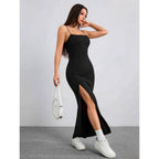 Vestido Feminino Elegante Longo com Fenda Scarlatt, vestido preto, vestido com fenda lateral, vestido justo, vestido canelado, vestido longo elegante - lojamillani