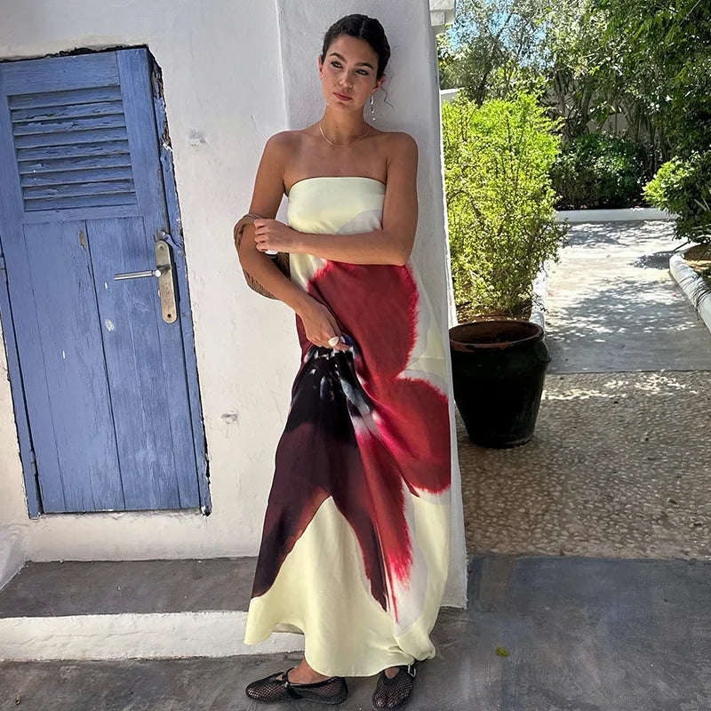 Vestido Feminino Longo Tomara Que Caia Flor do Verão, vestido sem alças, vestido longo branco tomara que caia, vestido festa tomara que caia longo, vestido tomara que caia, vestido branco - lojamillani