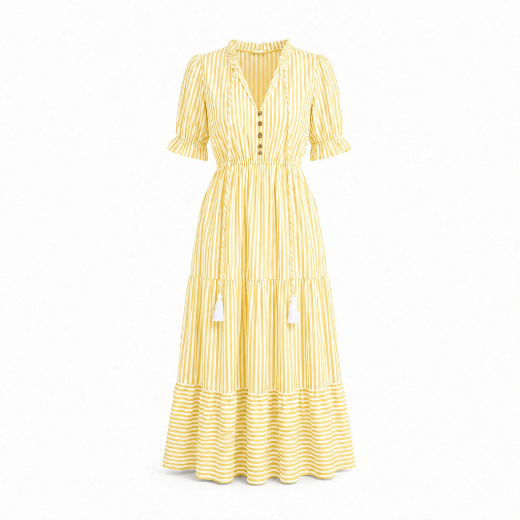 Vestido Feminino Midi Listrado Charlotte, Vestido Azul, Vestido Listrado Azul, Vestido Midi, Vestido com Listras, Vestido com Manga, Vestido com Gola V - lojamillani