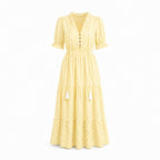Vestido Feminino Midi Listrado Charlotte, Vestido Azul, Vestido Listrado Azul, Vestido Midi, Vestido com Listras, Vestido com Manga, Vestido com Gola V - lojamillani